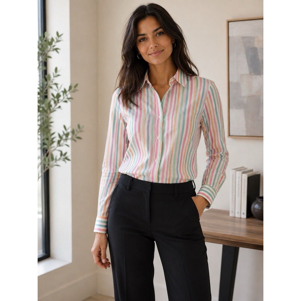 Talbots Striped Button Down Shirt Women's Size S Pastel Pink Green Orange Career